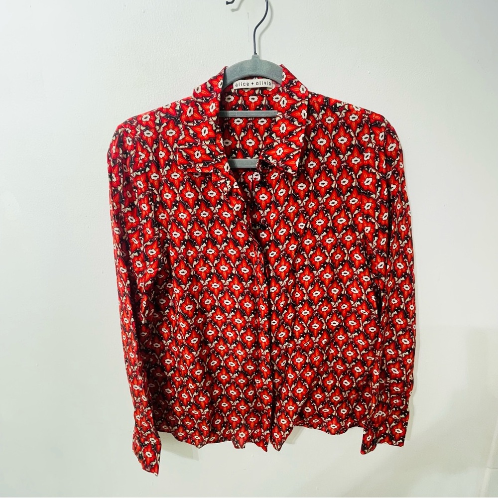 New Alice + Olivia Red and White Patterned Top